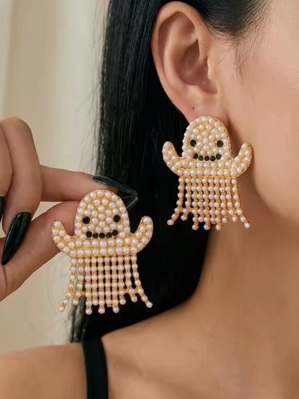 Pearl Fringe Ghost Earrings in Gold and Cream